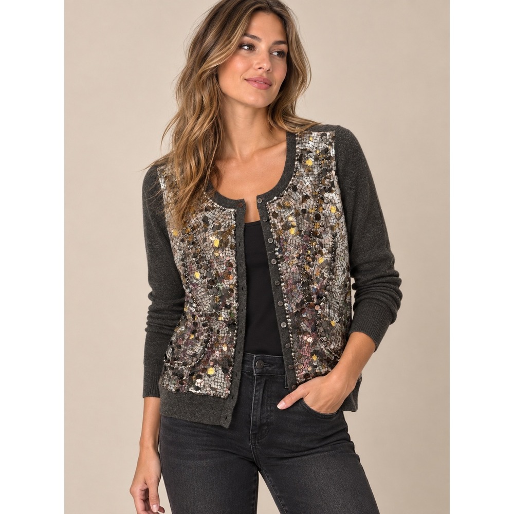 Jigsaw Womens Cardigan M Grey Wool Sequin Bead Embellished Button Front Sweater